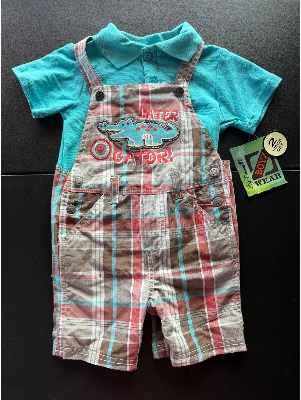 Boyz Wear by Nannette Baby Boys 24M Gator Plaid Shortall Polo 2 Piece Set NWT